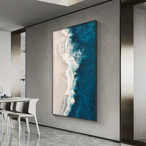 Azure Coast abstract painting by Liam O'Connell. Blue and white coastal artwork, gold framed, modern living room decor.