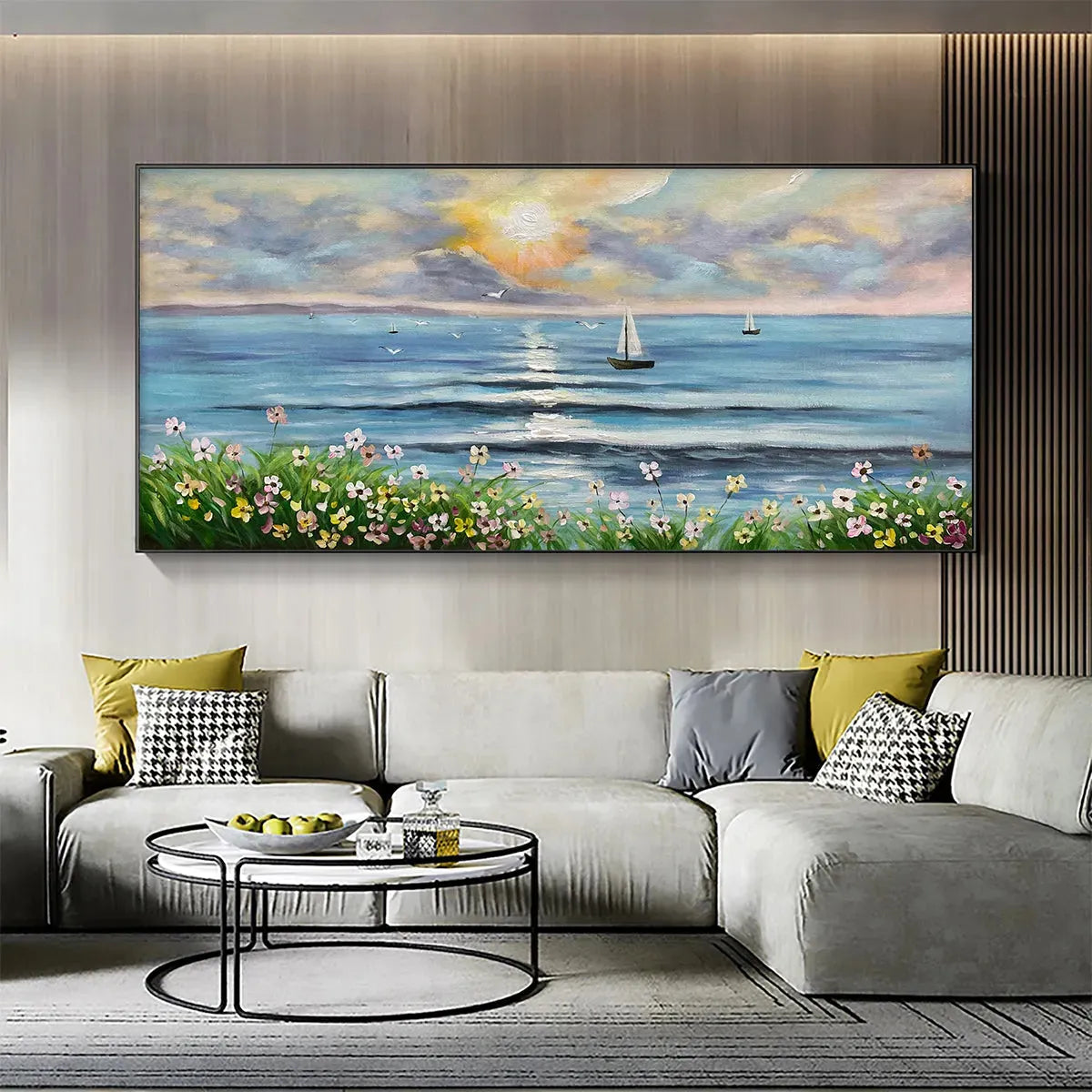 SUNSET SAIL: Coastal Sunset Painting, Sailboat and Wildflowers, Horizontal Canvas, Ocean Decor