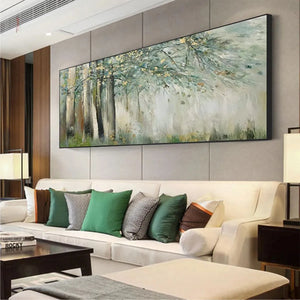 Whispering Woods painting, green and gold forest landscape by Liam O'Connell, modern living room art.