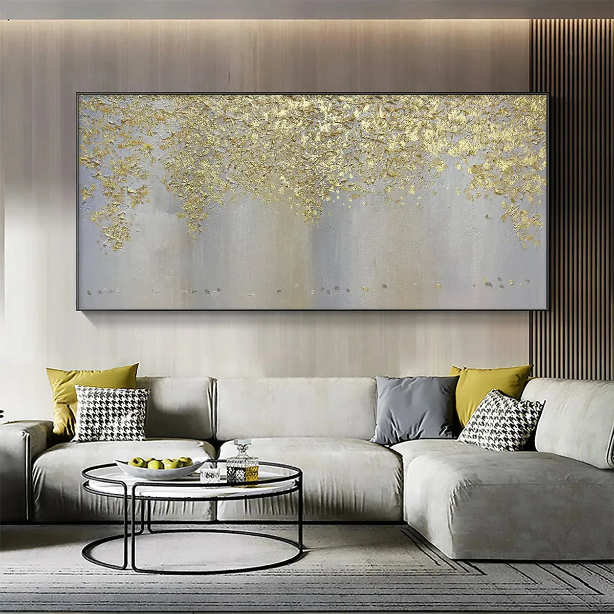 GOLDEN DRIZZLE: Gold Leaf Abstract Painting, Grey and Gold Wall Art, Horizontal Canvas, Modern Decor