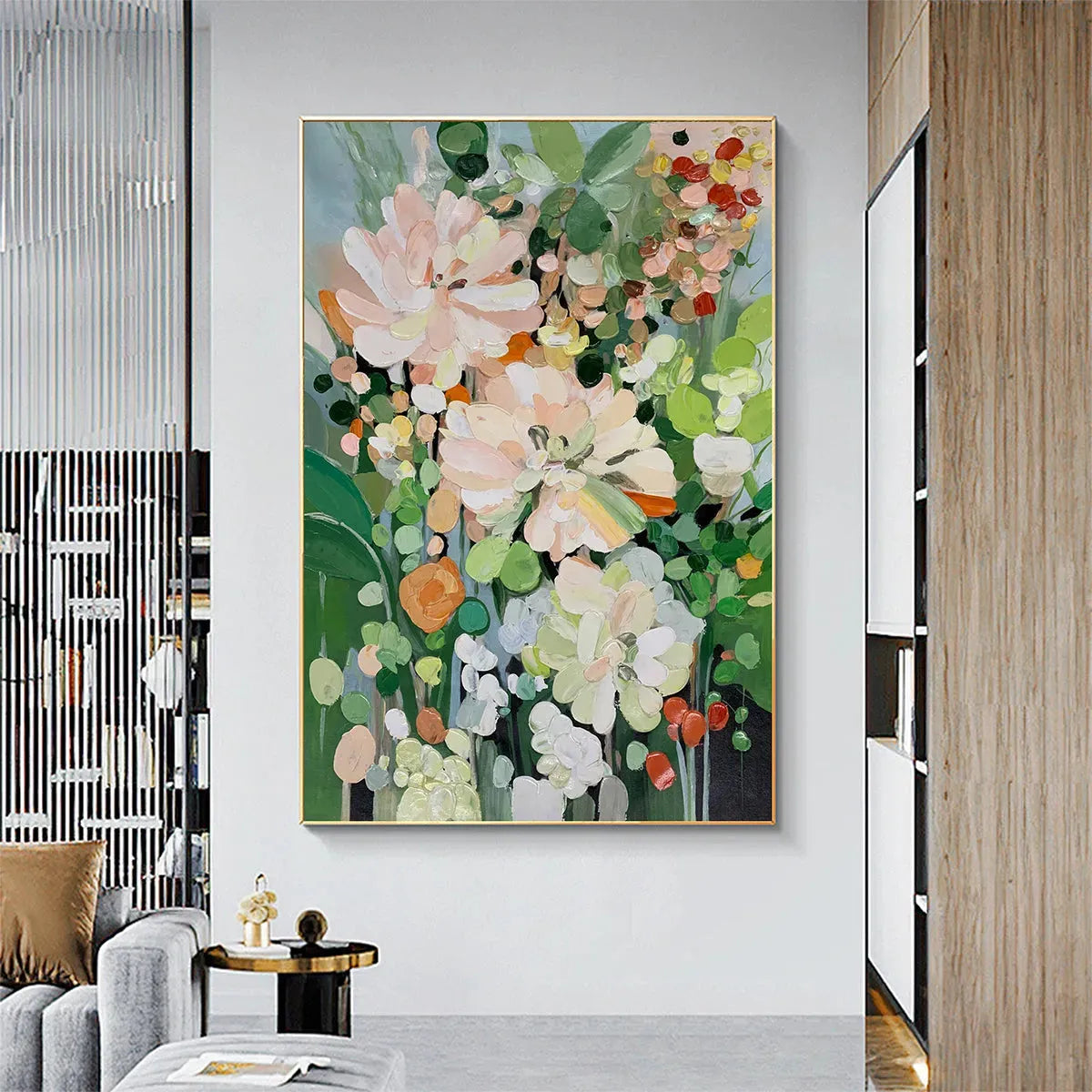 BLUSHING BLOOMS: Textured Floral Painting, Impasto Palette Knife, Vertical Canvas, Modern Floral Wall Art