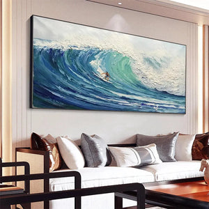 Emerald Surge: Original textured blue-green ocean wave painting with surfer, living room wall art.