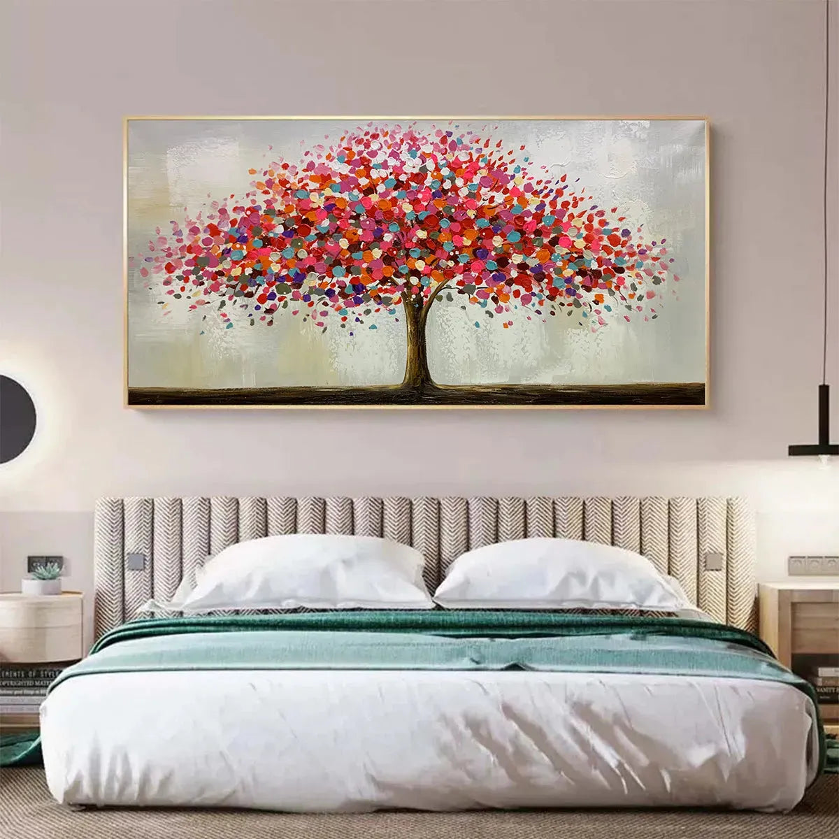 JEWEL TREE: Colorful Abstract Tree Painting, Impasto Texture, Horizontal Canvas, Modern Wall Art