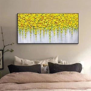 Golden Cascade painting by Elodie Dubois, textured yellow floral art on grey background, gold frame, bedroom decor.