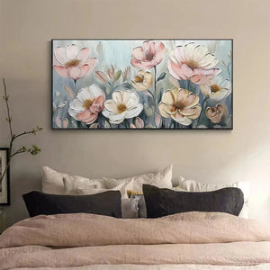 Soft Blossoms floral painting, pink and white textured flowers by Willow Davies, framed, elegant bedroom decor.