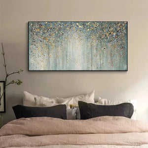 Golden Rain abstract landscape painting by Willow Davies, gold and green art on canvas, bedroom decor