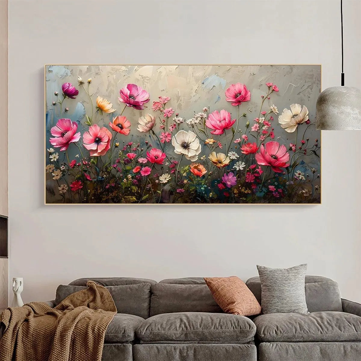 SUMMER BLOOM: Textured Pink and White Floral Painting on Grey Background