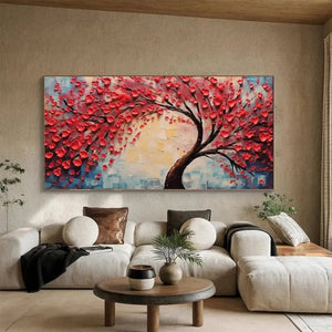 HEART TREE impasto painting, red heart-shaped leaves. Willow Davies artwork, romantic wall art for living room, MontCarta.