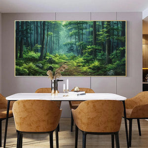Liam O'Connell's Forest Path painting displayed in dining room setting, green forest landscape with mossy path, home decor.