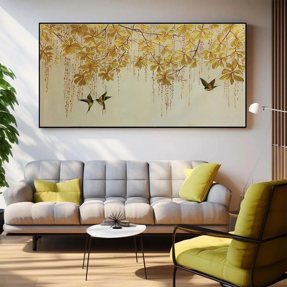 GOLDEN GARDEN: Panoramic Golden Leaf and Bird Painting | Asian Art