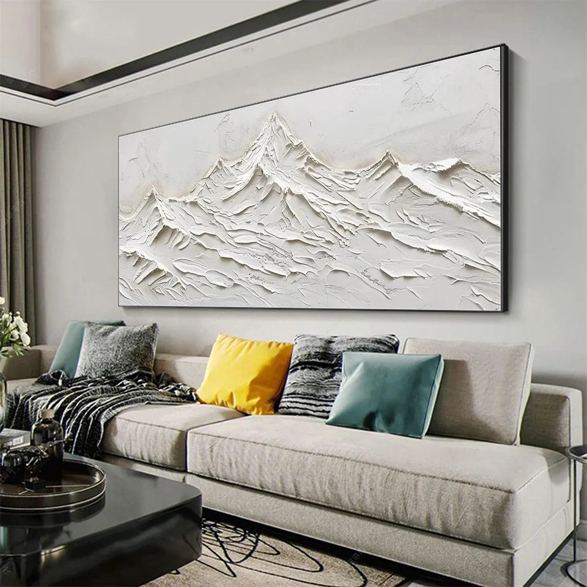 WHITE MOUNTAINS: Textured Minimalist Abstract Mountain Painting in White