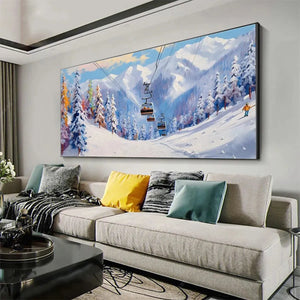 SNOWY SLOPES painting: Ski lift ascending snowy mountain, winter art by Chak Yu Lam, framed wall art, panoramic view.