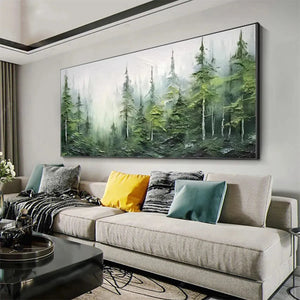 Textured emerald forest oil painting hanging above a modern sofa in a living room setting.