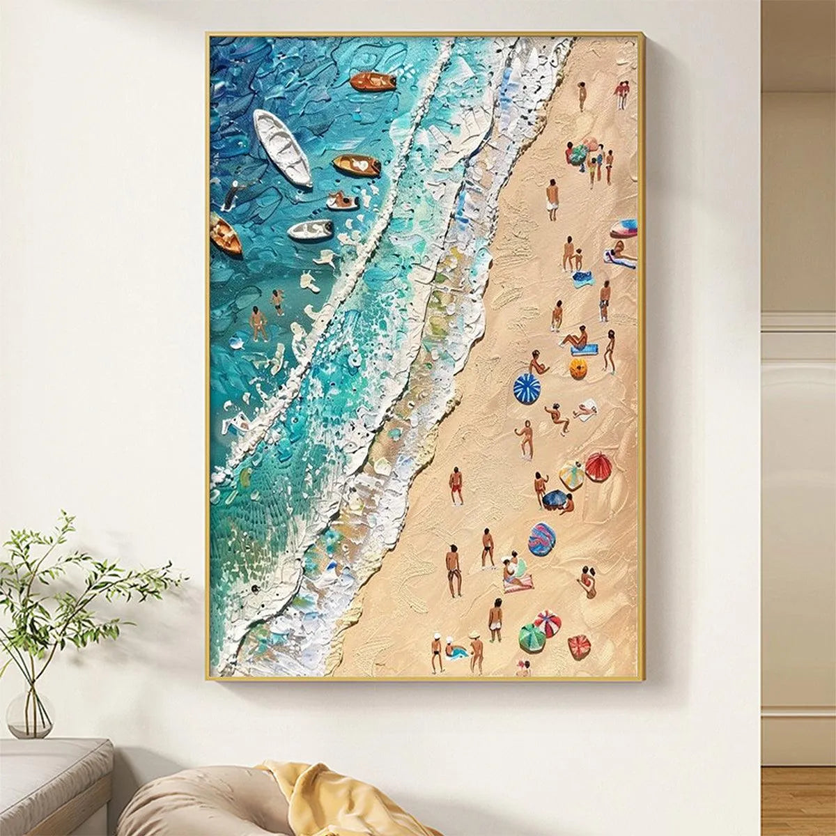 SUN-KISSED SHORES: Textured Beach Scene Painting with Figures