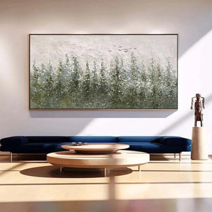 Misty Forest textured landscape painting artwork by Liam O'Connell in a living room setting.