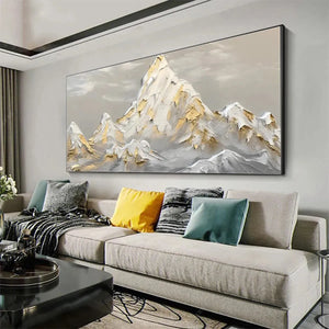 Golden Peaks painting, gold and grey textured mountain art by Isabella Rossi, home decor.