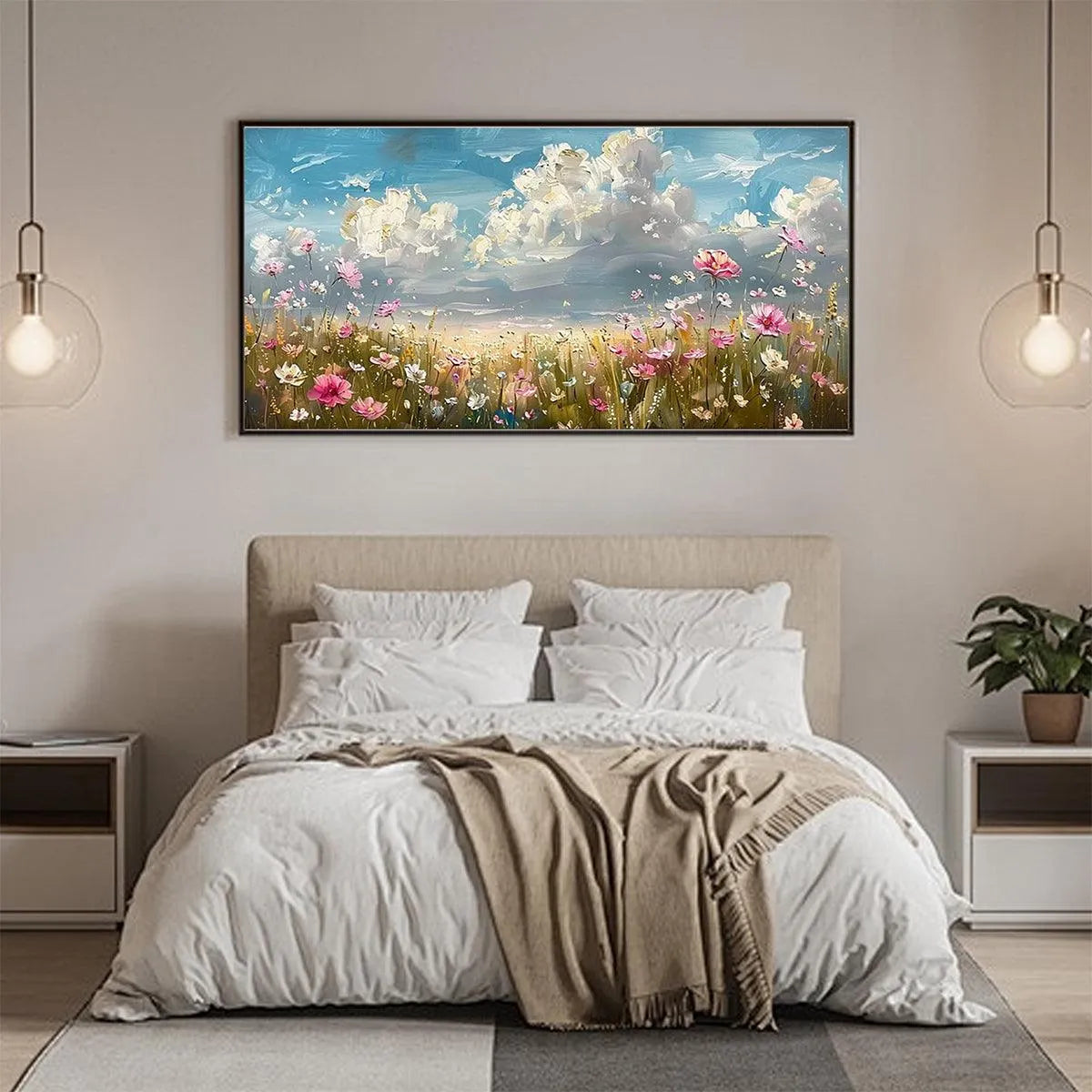 COSMOS FIELD: Textured Floral Landscape Painting, Impasto Wall Art, Horizontal Canvas, Wildflower Decor