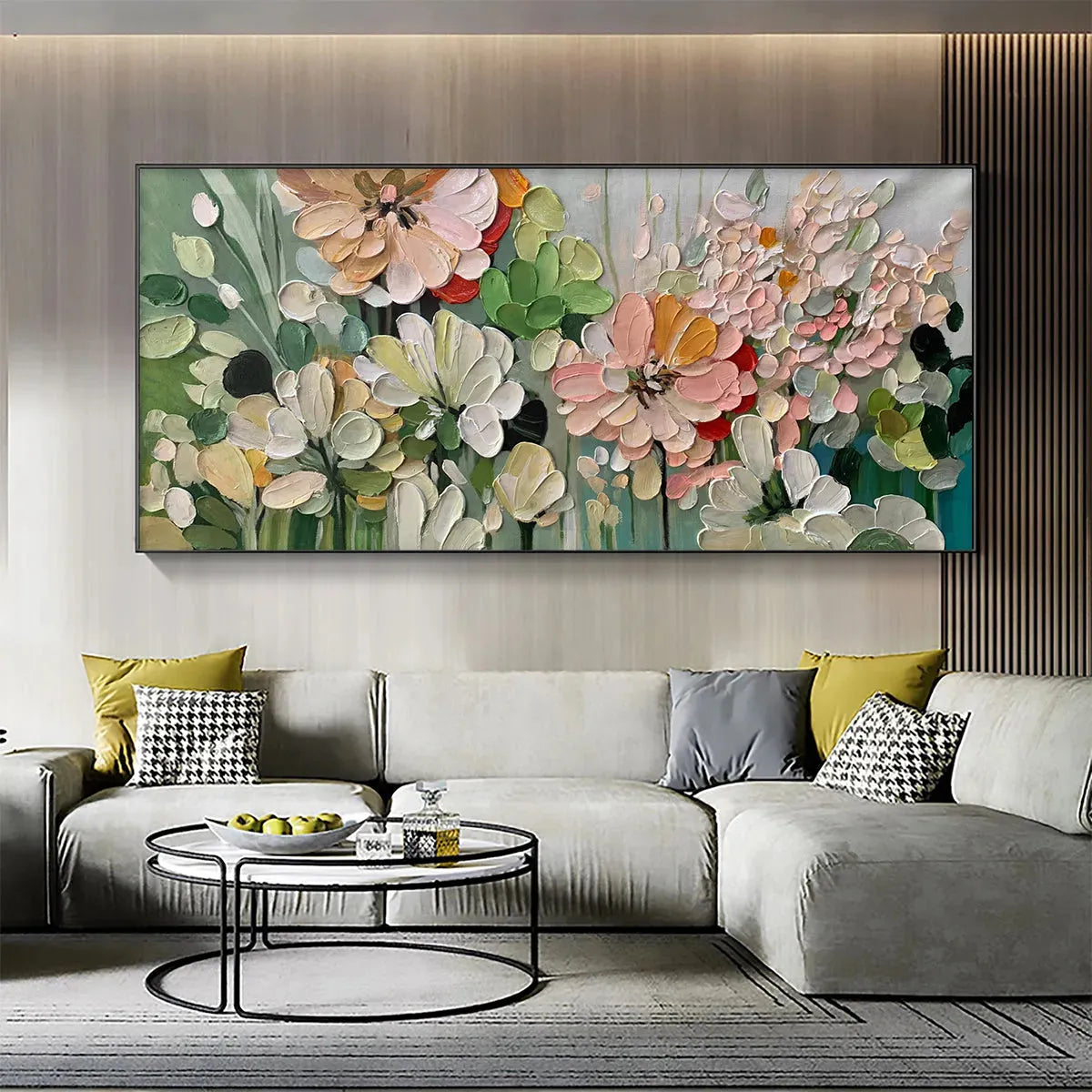 GARDEN DELIGHT: Textured Floral Painting, Impasto Palette Knife, Horizontal Canvas, Garden Wall Art