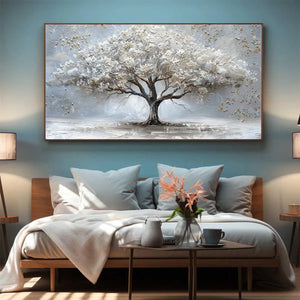 Liam O'Connell's Silver Lining tree painting: White & gold textured tree on grey, framed art for bedroom.