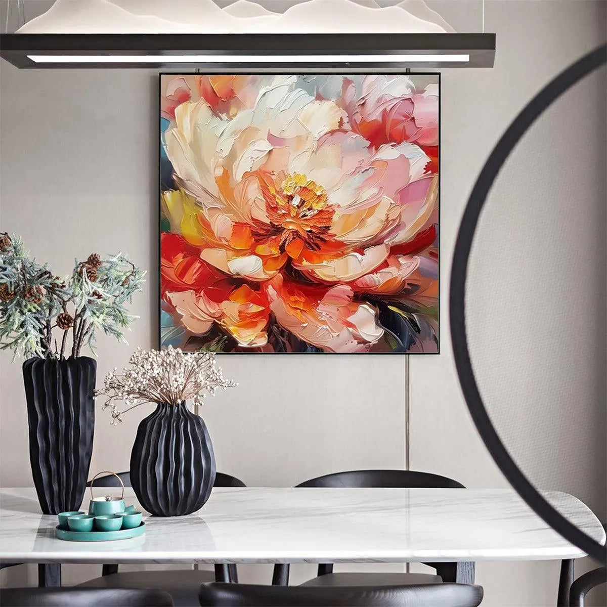 BLOOMING PEONY: Textured Impasto Peony Painting in Pink and Orange