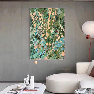 Elodie Dubois's ENCHANTED GARDEN painting. Vertical abstract floral art with green, blue, and peach hues. Framed.