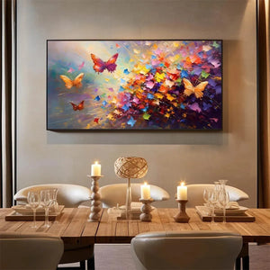 Butterfly Flight canvas art by Willow Davies: Colorful butterfly painting above a dining table. Modern home decor.