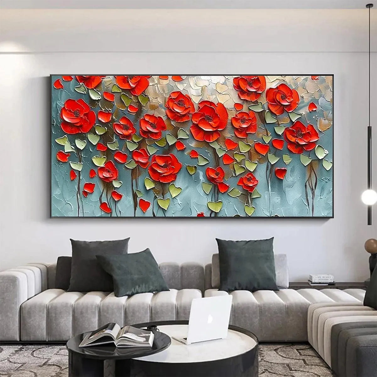 CRIMSON FIELD: Textured Impasto Red Poppy Field Painting