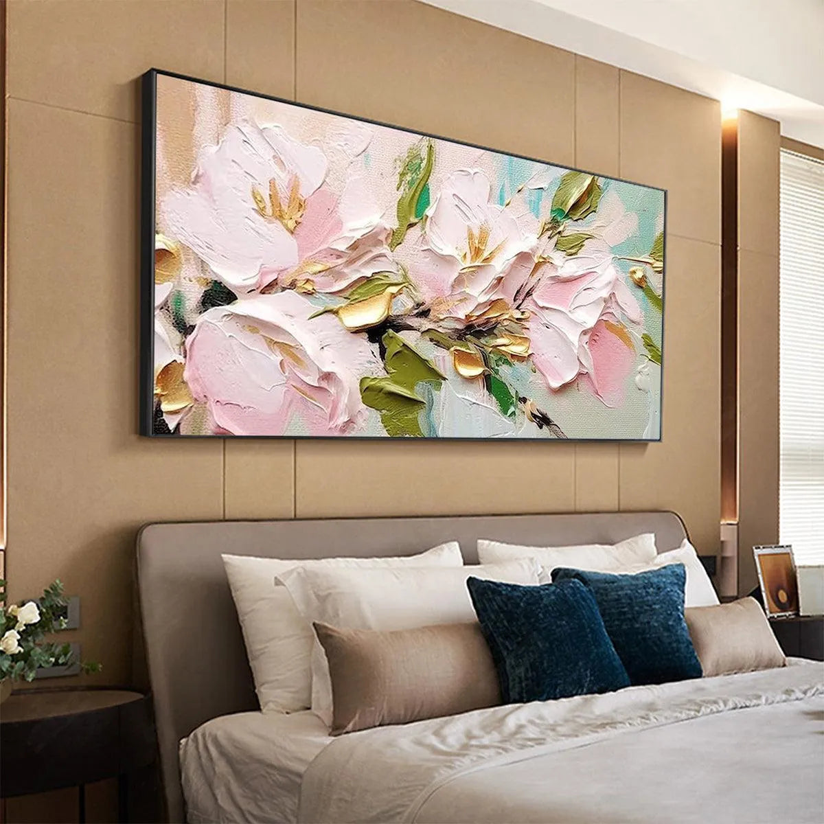 GOLDEN BLUSH: Textured Pink and Gold Floral Impasto Painting