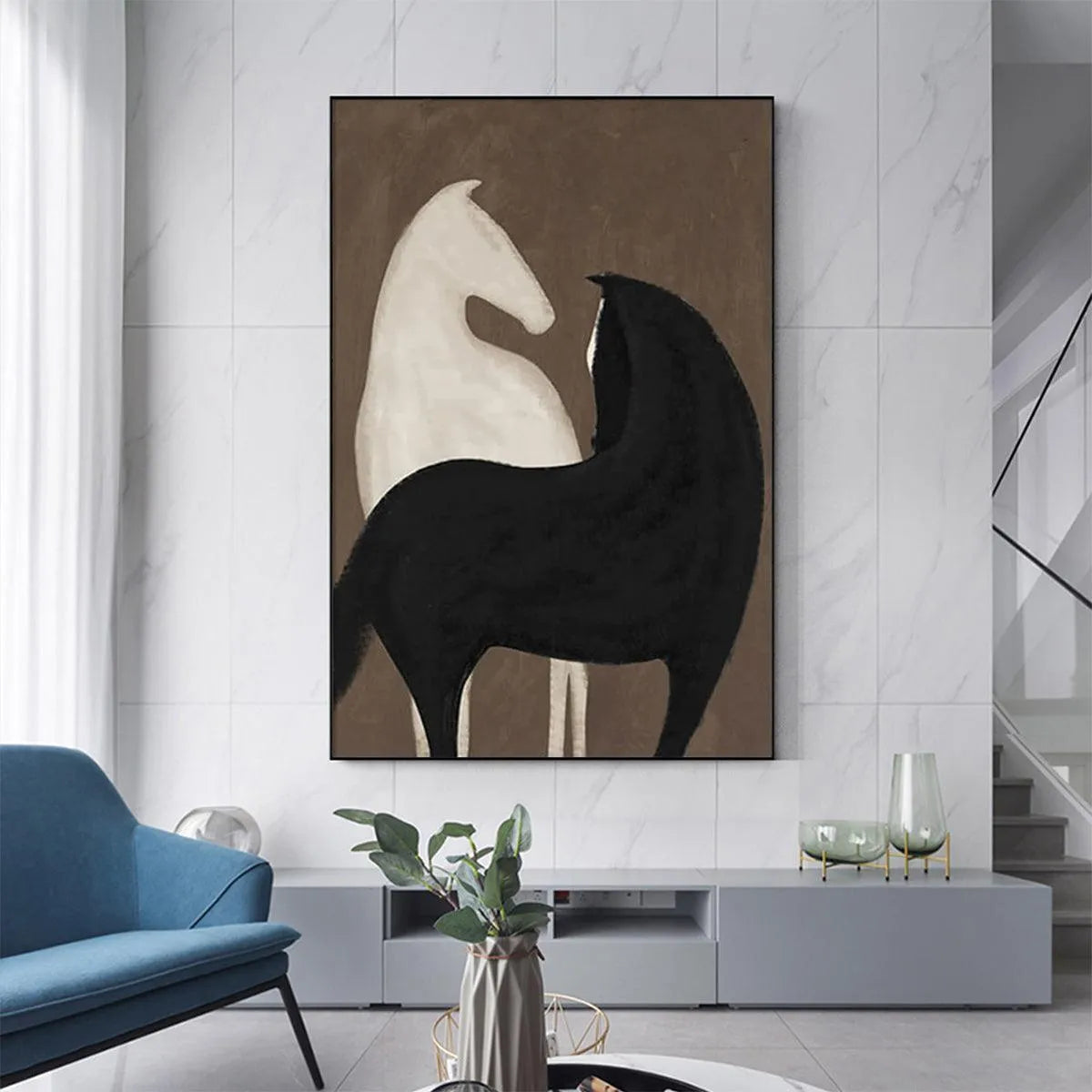 TWO HORSES ON BROWN: Minimalist Horse Painting, Vertical Wall Art