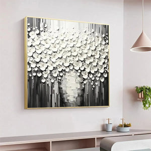 Liam O'Connell White Bouquet painting: Textured white flowers on grey background, framed art for modern decor.