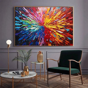 Abstract painting COLOR EXPLOSION with rainbow impasto texture, framed modern art. Vibrant colors.