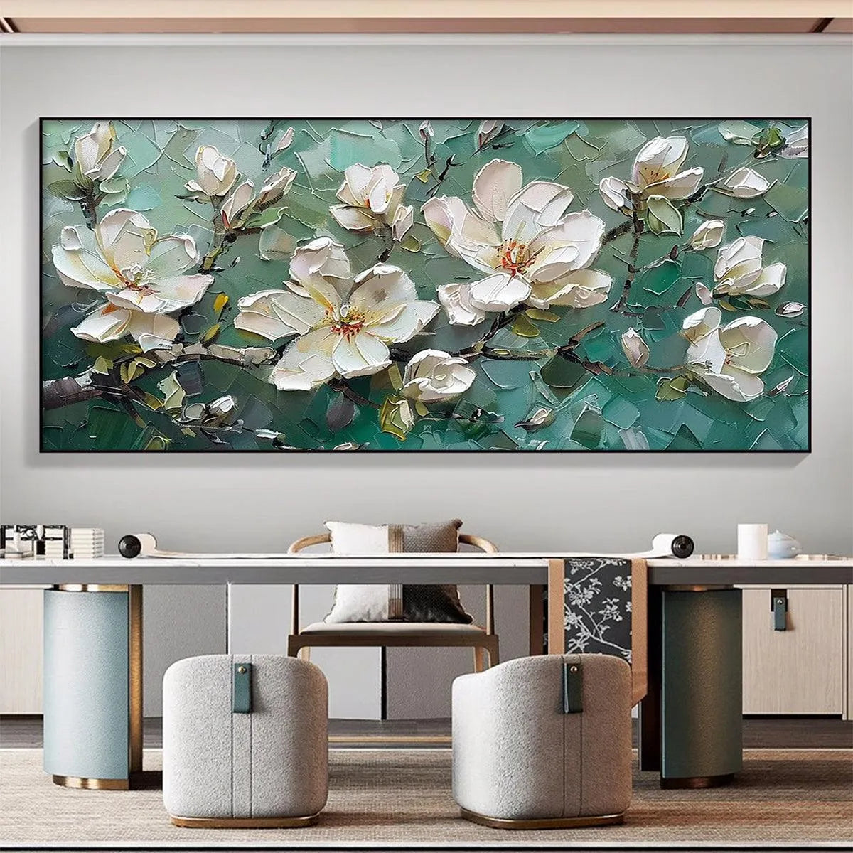 JADE MAGNOLIAS: White Magnolia Impasto Painting for Living Room