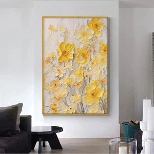Golden Sunflowers textured impasto artwork featuring 3D yellow blooms in a gold frame, perfect for modern living room decor.