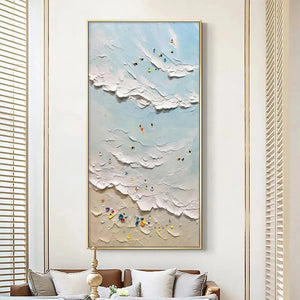 Willow Davies' Summer Beach painting: Textured beach scene with swimmers, surfers, and umbrellas on canvas with a gold frame.