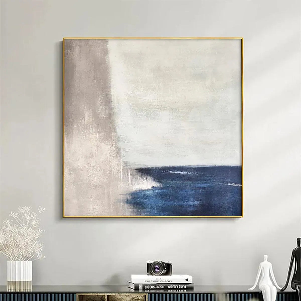 SERENE SHORE: Minimalist Abstract Coastal Painting in Blue and Beige