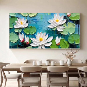 Isabella Rossi's Serene Lotus Pond painting, horizontal wall art. Textured white water lilies, green lily pads on blue water.