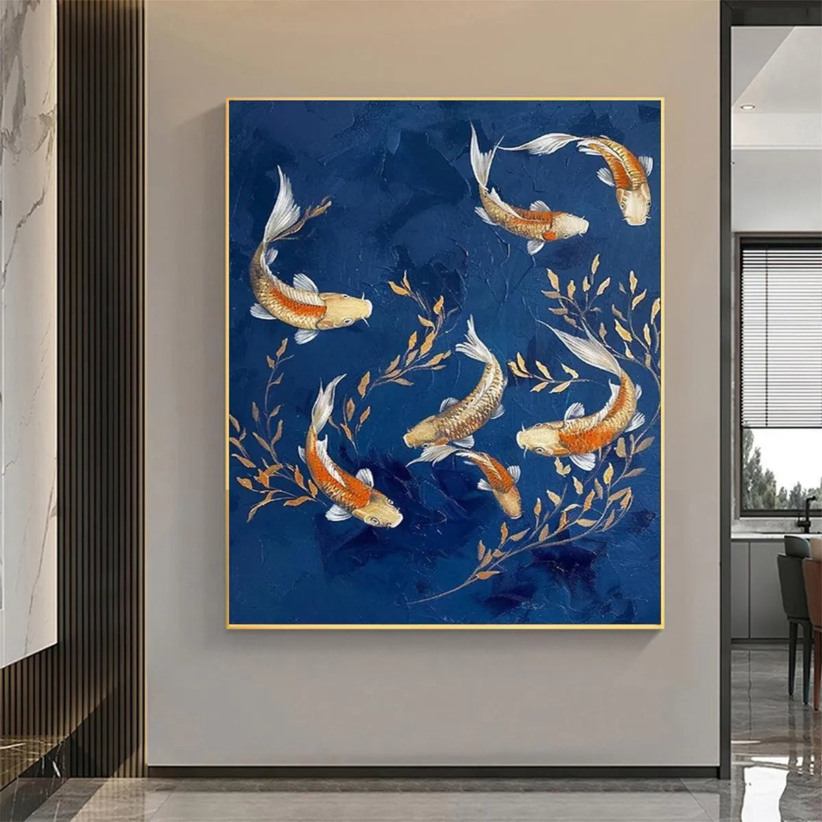 GOLDEN KOI: Vertical Koi Fish Painting on Blue Background