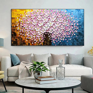 Pink Blossom Dream textured impasto art, pink/white florals, gold/blue backdrop, styled in modern living room.