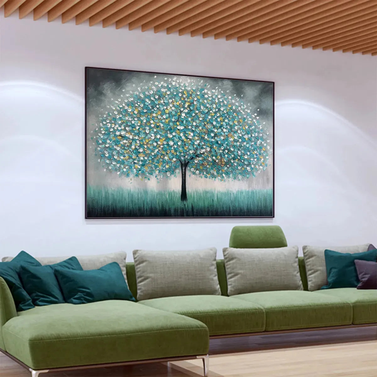 TEAL DREAM: Textured Tree Painting in Teal and Grey, Horizontal Canvas, Modern Wall Art