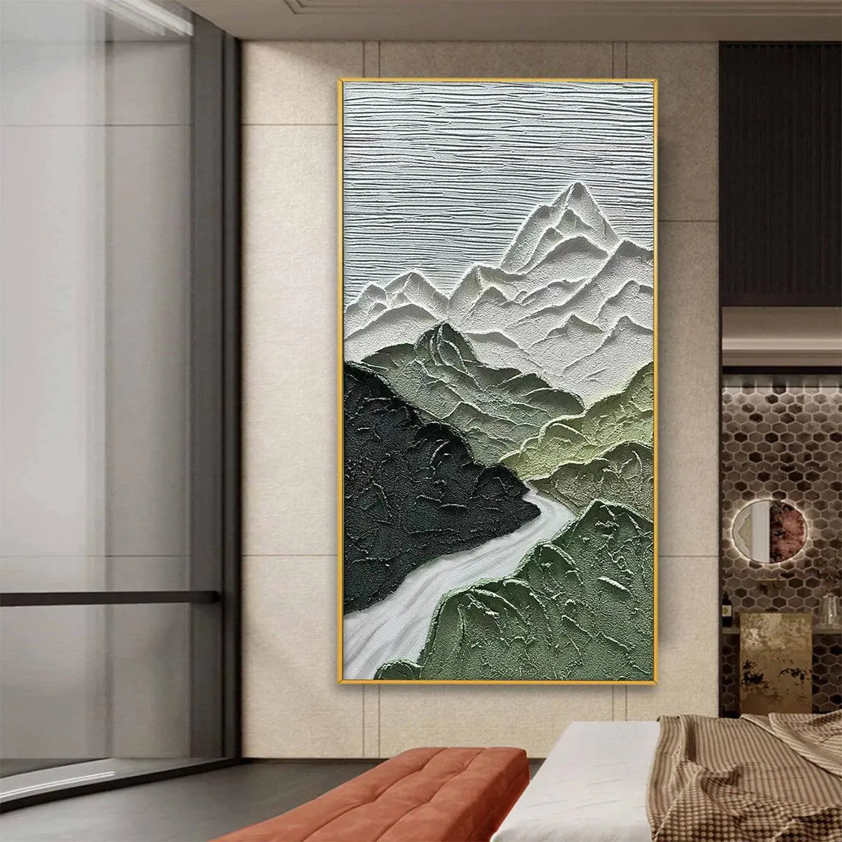 JADE PEAK: Textured Green and White Mountain Landscape Painting