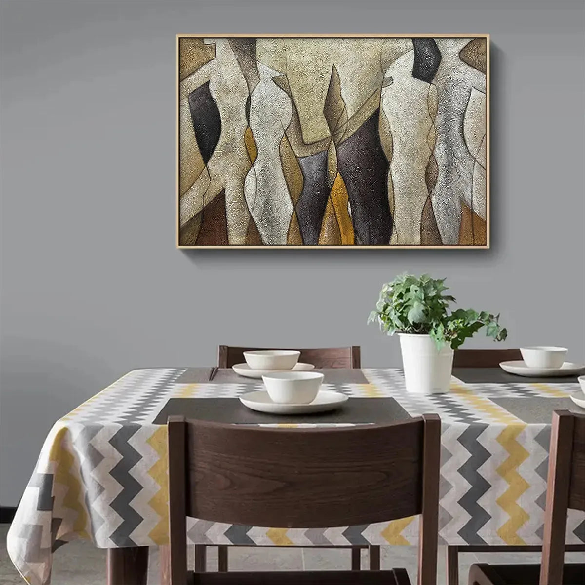 ABSTRACT FIGURES: Textured Abstract Figures Painting, Beige and Brown Wall Art, Horizontal Canvas, Modern Decor