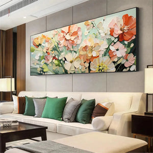 Sunkissed Garden impasto floral painting by Elodie Dubois, displayed in a living room above a sofa.