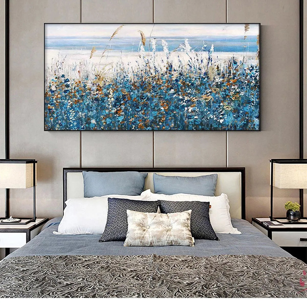 BLUE DUNES: Coastal Landscape Painting with Blue Flowers