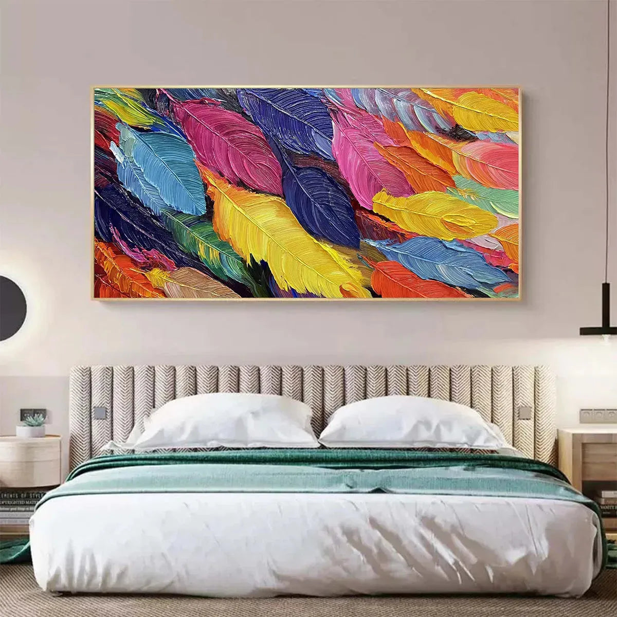 FEATHER DANCE: Horizontal Abstract Painting with Colorful Feathers, Textured Impasto, Modern Wall Art