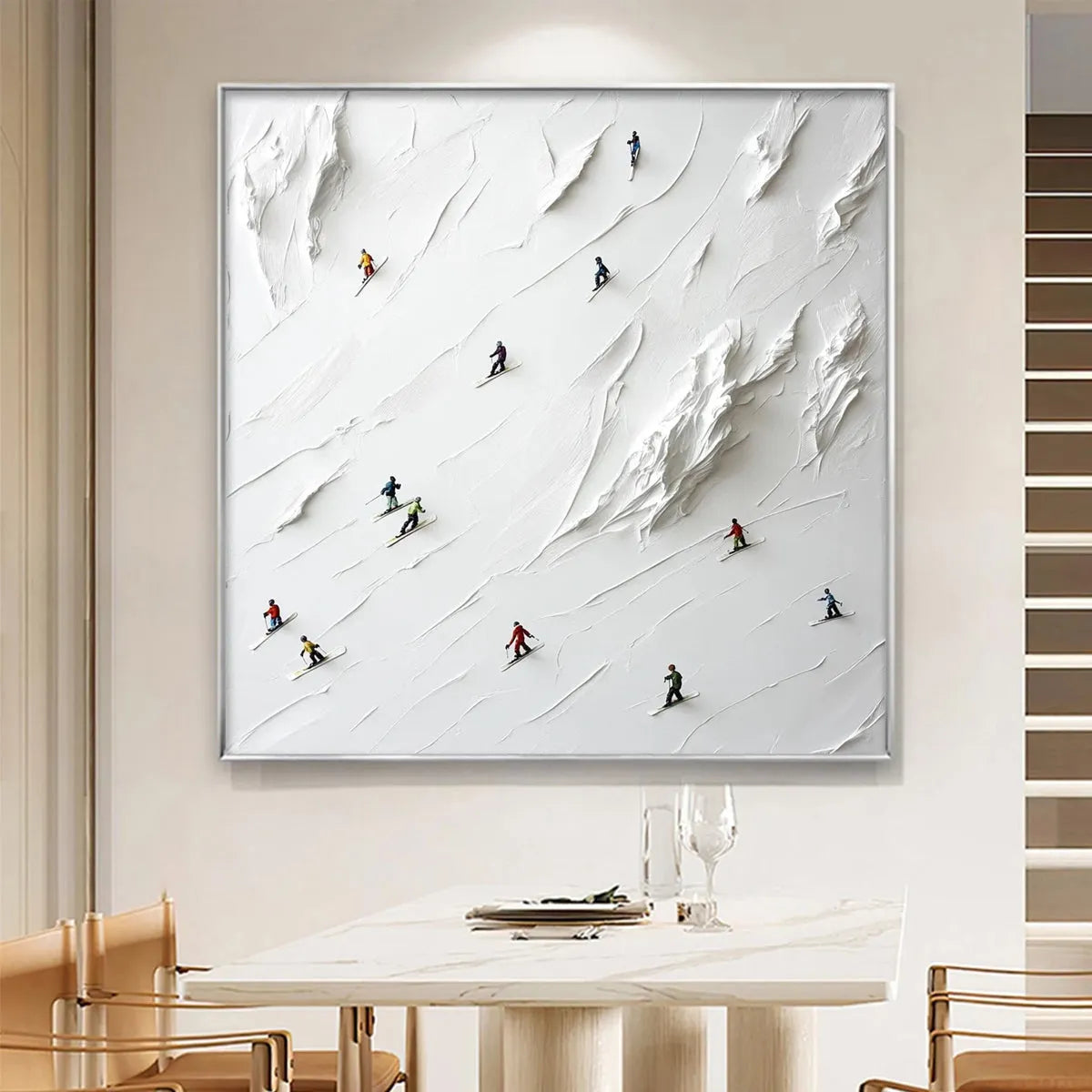 WHITE RUSH: Minimalist Skiing Painting on Textured Square Canvas