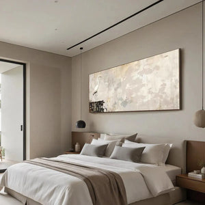 White Heron Panoramic wall art, minimalist bird painting displayed above a bed in a modern bedroom.