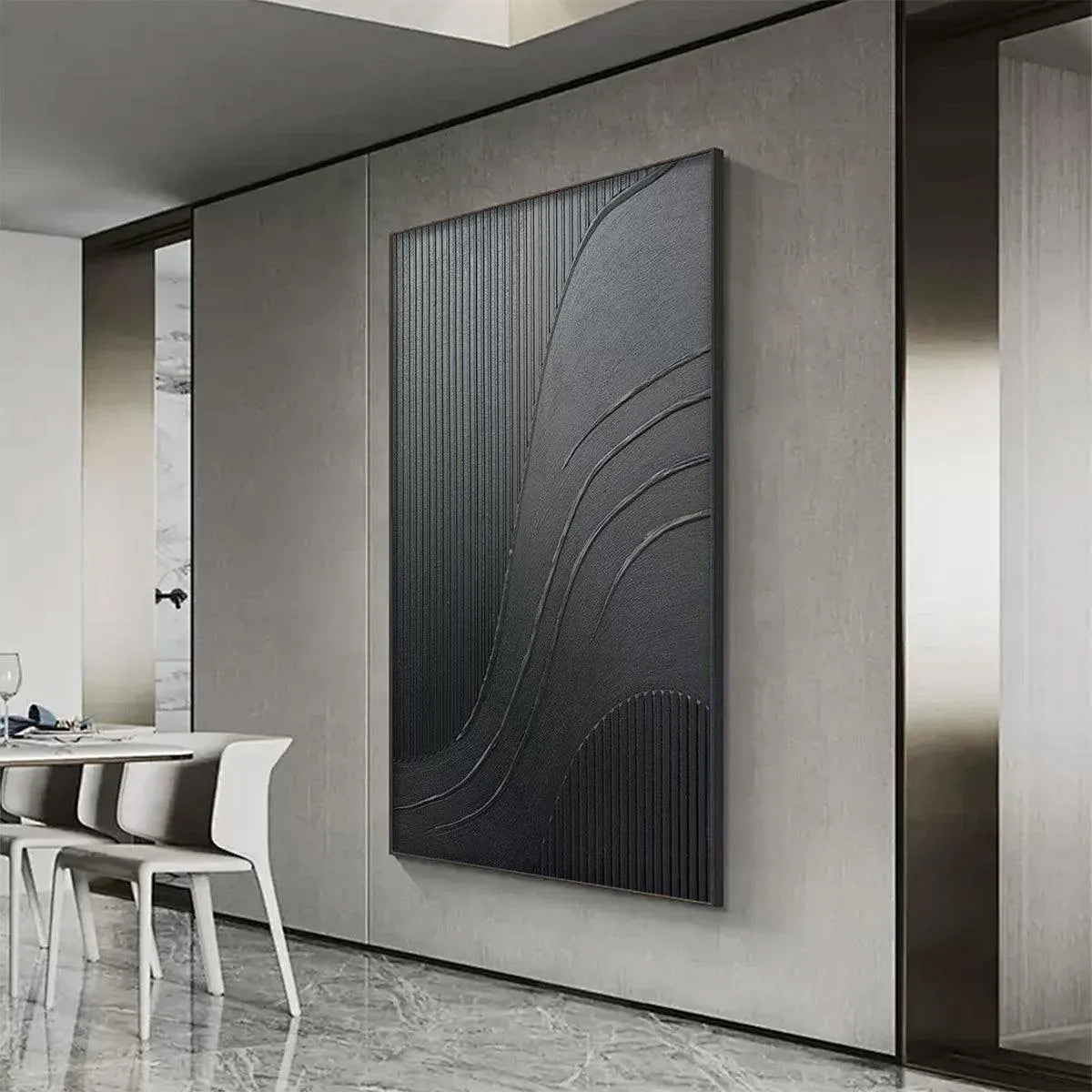 BLACK TEXTURED CURVES: Minimalist Textured Abstract Painting