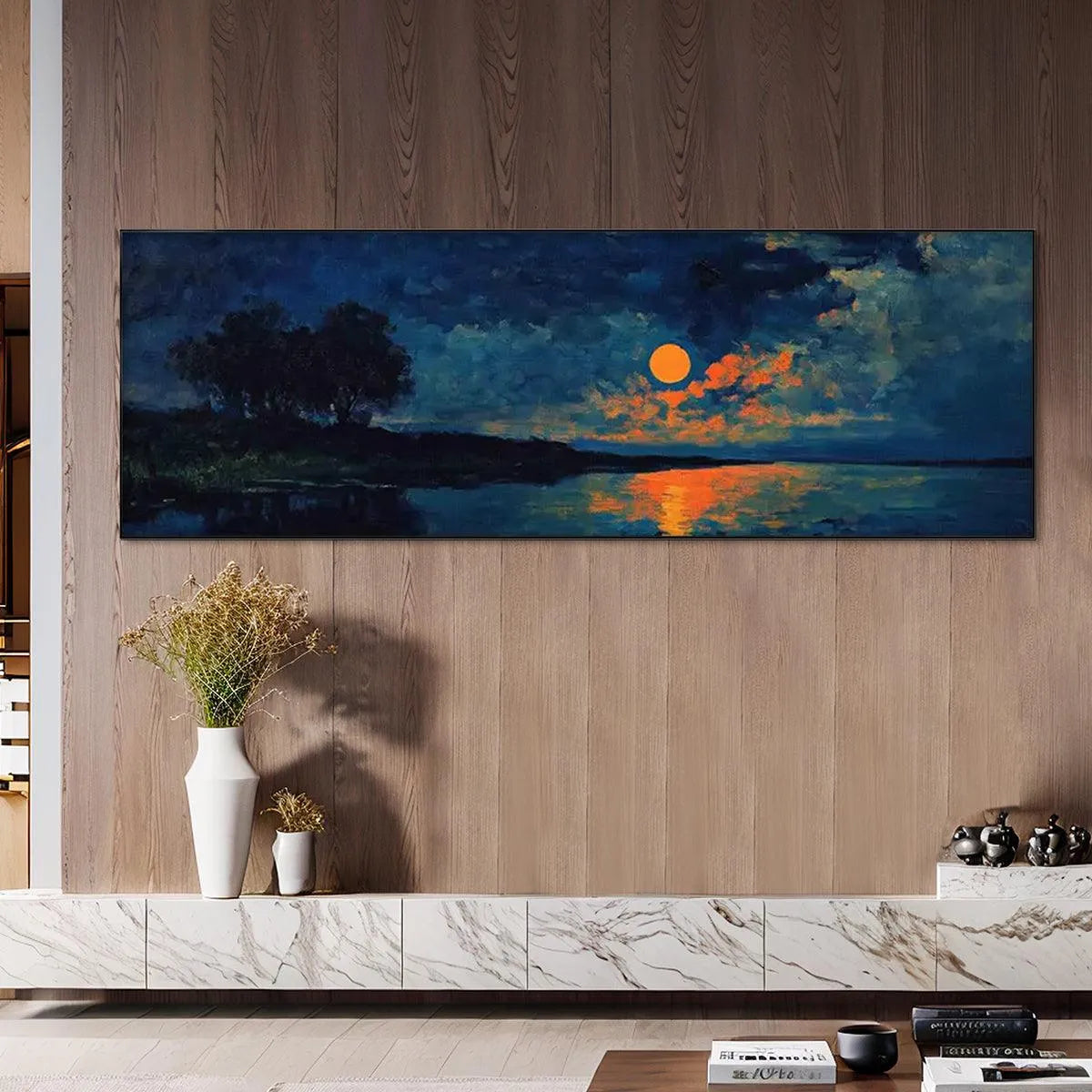 HARVEST MOON OVER THE LAKE PANORAMIC: Landscape Painting, Panoramic Wall Art, Moonlit Lake Decor