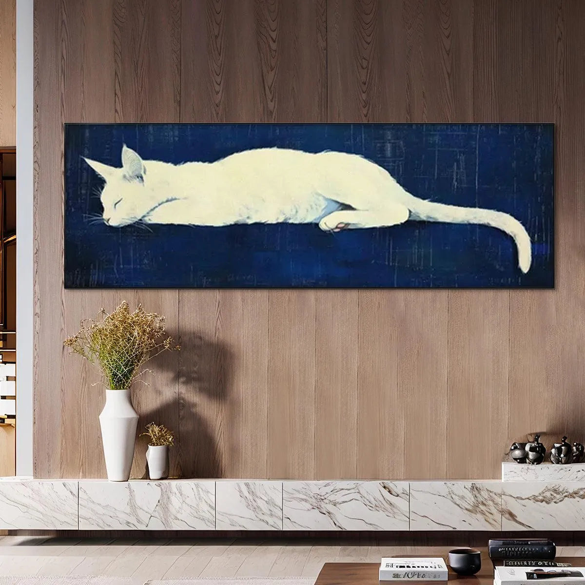 SLEEPING WHITE CAT PANORAMIC: Cat Painting, Panoramic Wall Art, Pet Portrait