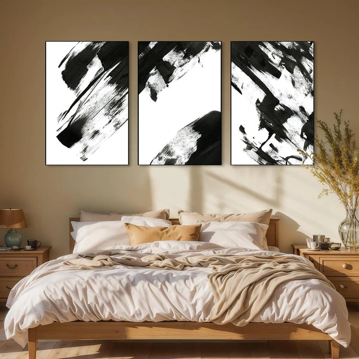 BLACK & WHITE ABSTRACT TRIPTYCH: Abstract Painting Set of 3, Vertical Wall Art